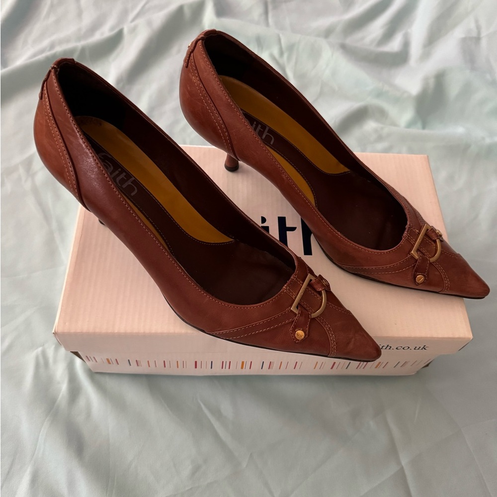 Brown Kitten Heel Pumps with Buckle Detail